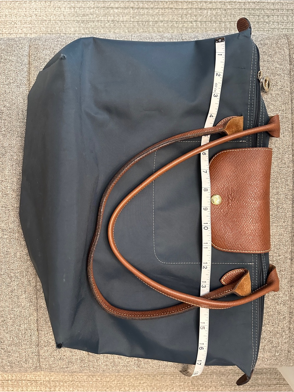 Longchamp Le Pliage Original Tote Bag in Dark Gray Grey. Brown leather handles. - Picture 2 of 10